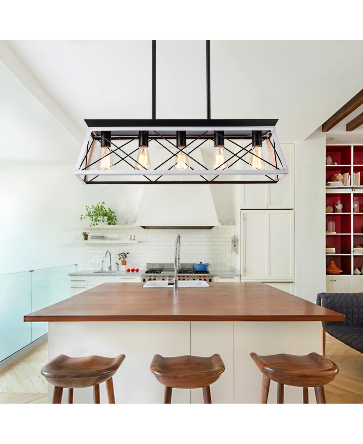 Clihome 32" Rectangle Industrial 5-Light Pendant Chandelier With Adjustable Hanging Light