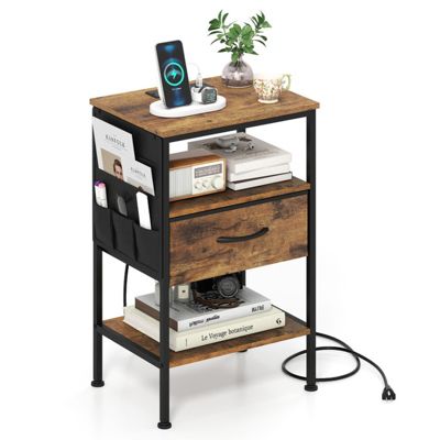 Nightstand with Charging Station 24.5 Inch Bedside Table Featuring Fabric Drawer and Side Pocket