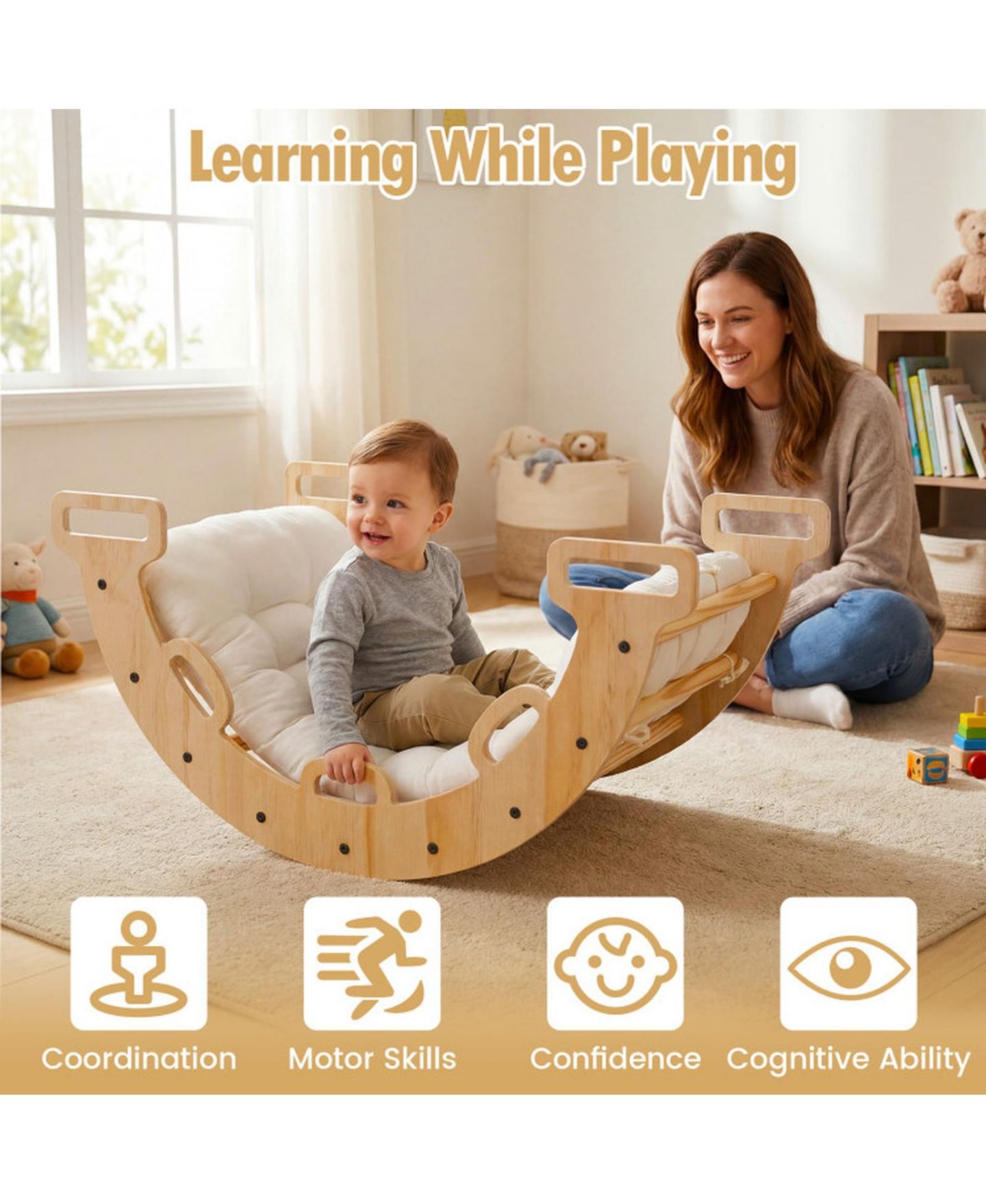 Детская игрушка SUGIFT 3-in-1 Wooden Rocking Climbing Arch with Removable Cushion, 32" x 19" x 15", 110 Lbs, Ages 1+, цвет: Натуральный — фото 5