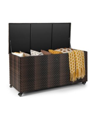 96-Gallon Wicker Deck Box on Wheels, Rolling Patio Cushion Storage