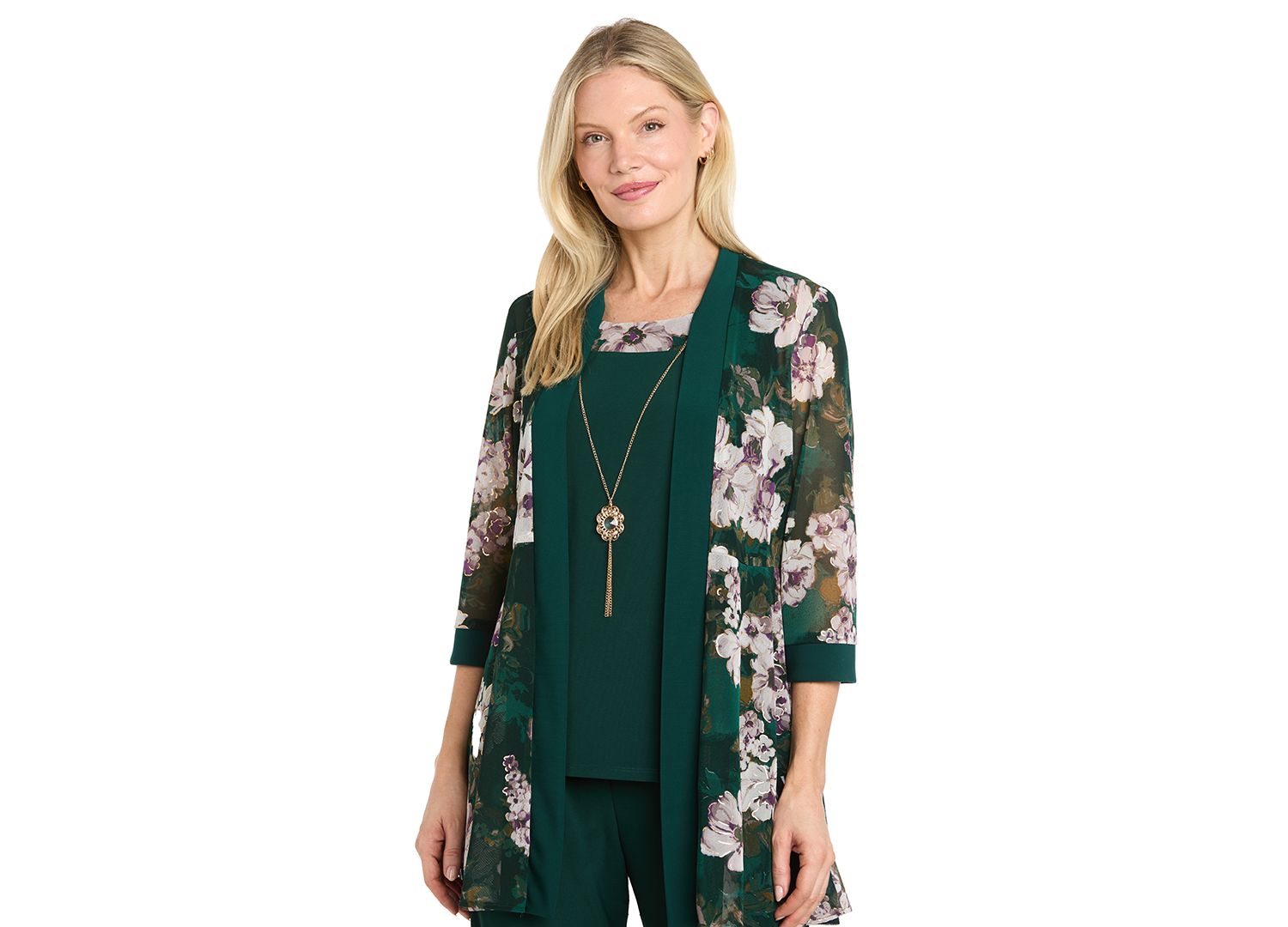 Women's Floral-Print Mesh Wide-Leg Jacket, Cami and Pants Set