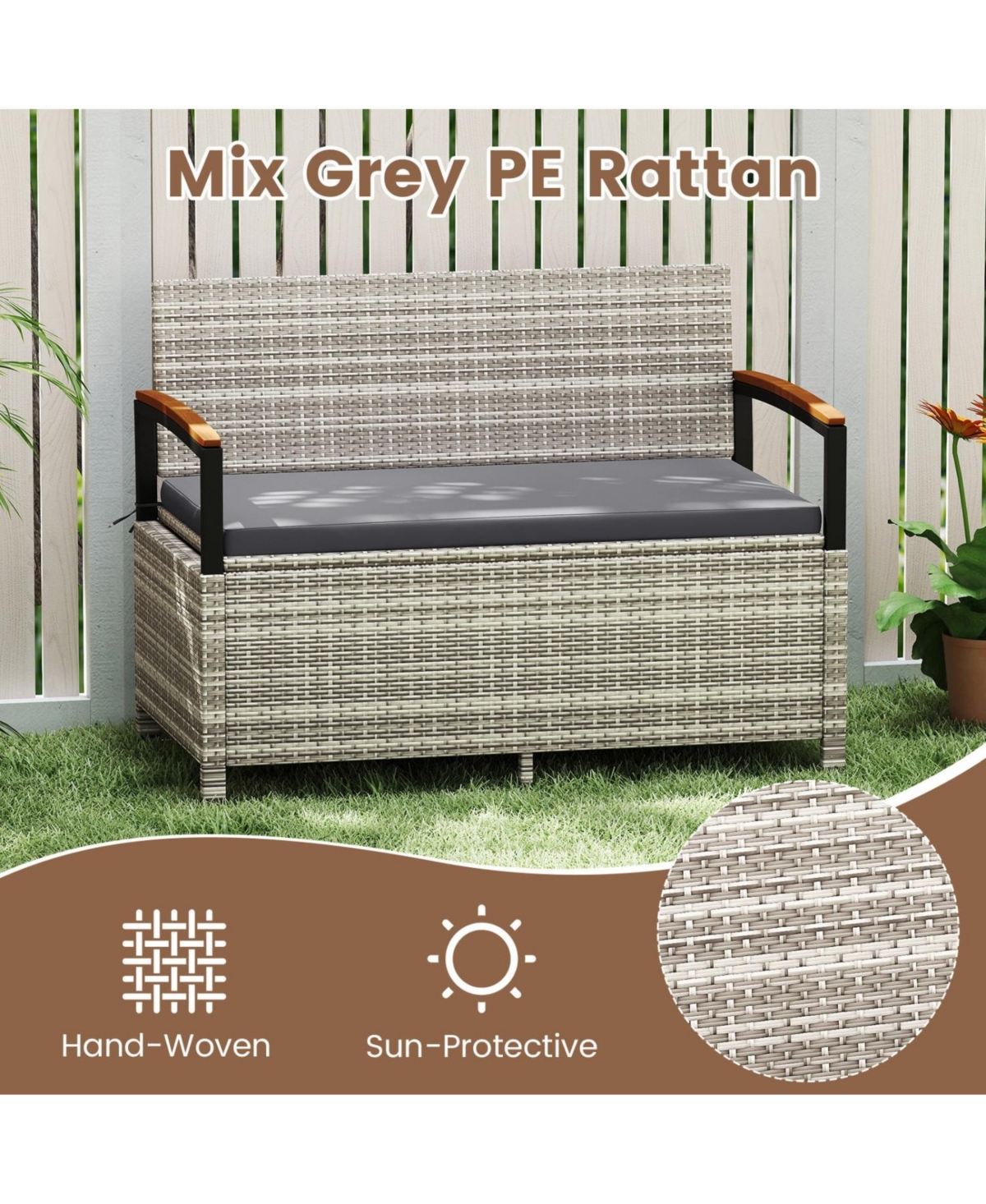 Mecale 46-Gallon Storage Bench, Outdoor Loveseat with Acacia Wood Armrests
