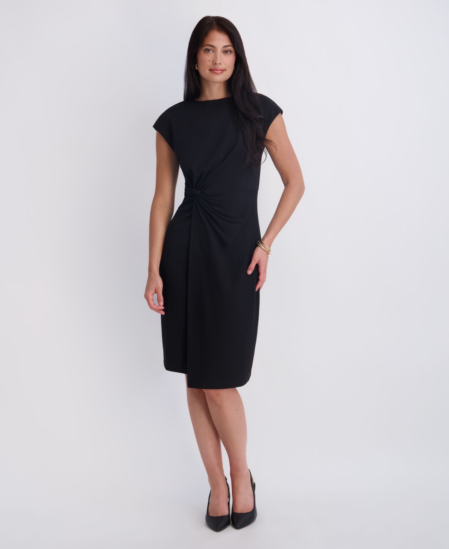 Women's Crepe Scuba Gathered Twist-Front Cap-Sleeve Dress
