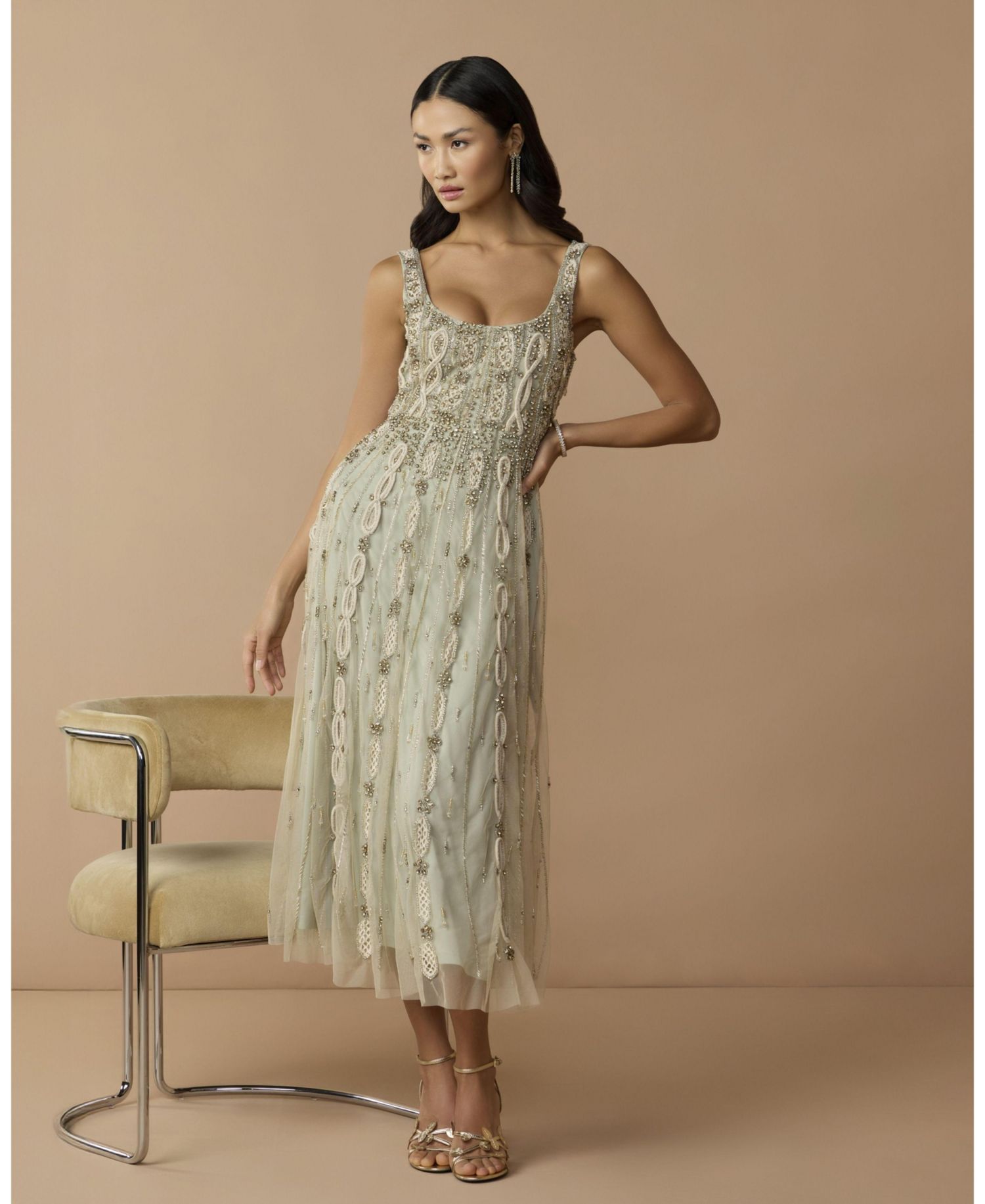 Petite Embellished Scoop Neck Mesh Midi Dress