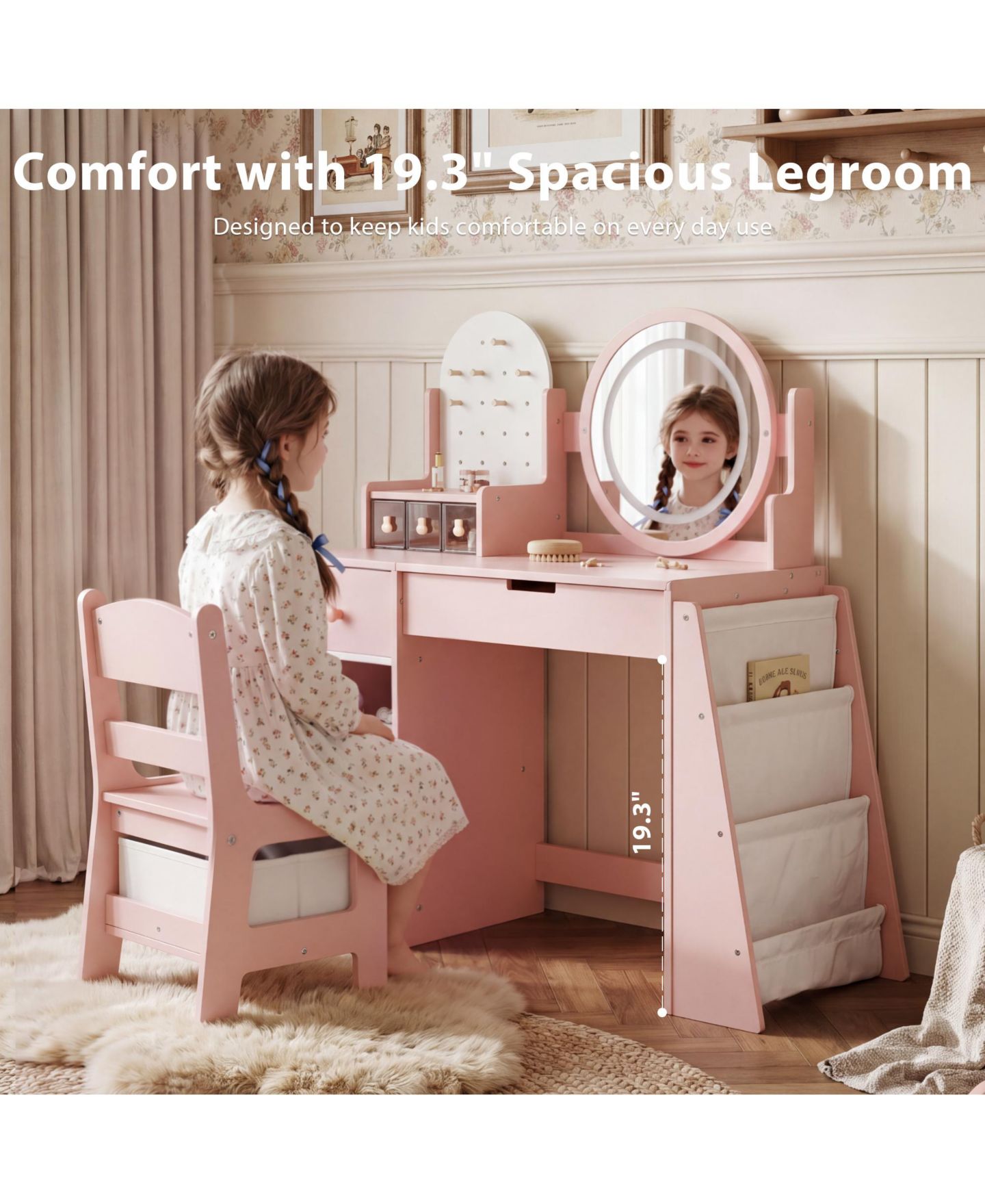 Детские игрушки Kinder King LED-Lighted Mirror Vanity Set with Storage Drawer and Stool, 2-Piece, Ages 3+, цвет: Пастельный розовый — фото 8