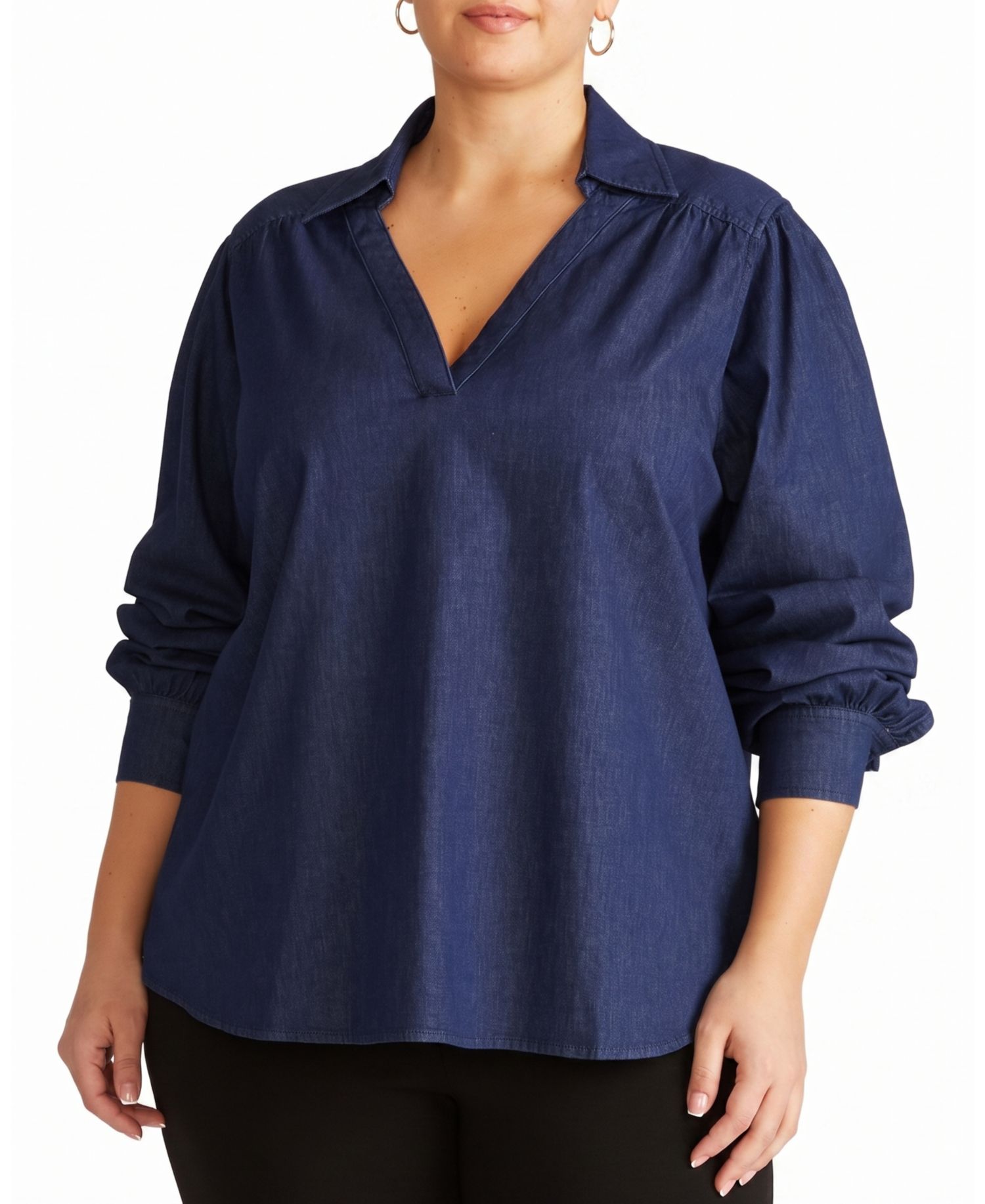 Plus Size Maisie Chambray Popover Long-Sleeve Blouse
