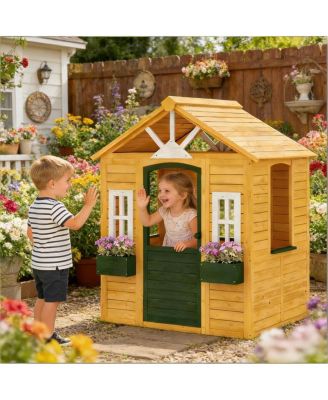 Creative Garden Playhouse, Fir Wood, 53"L x 38.2"W x 59.1"H, Flower Boxes & Windows, Accommodates 2, Ages 3+