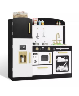 Wooden Pretend Play Kids Kitchen, Toy Kitchen Playset With Oven, Microwave for Boys Girls Age 3+