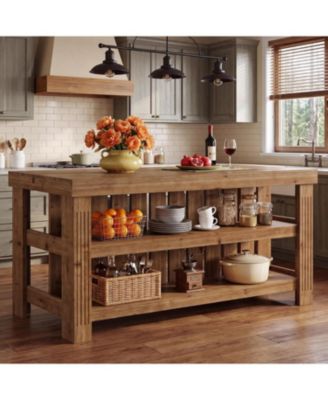 Kitchen Island with Seating and Storage, Farmhouse Wood Stationary Island Table, Coffee Bar Table