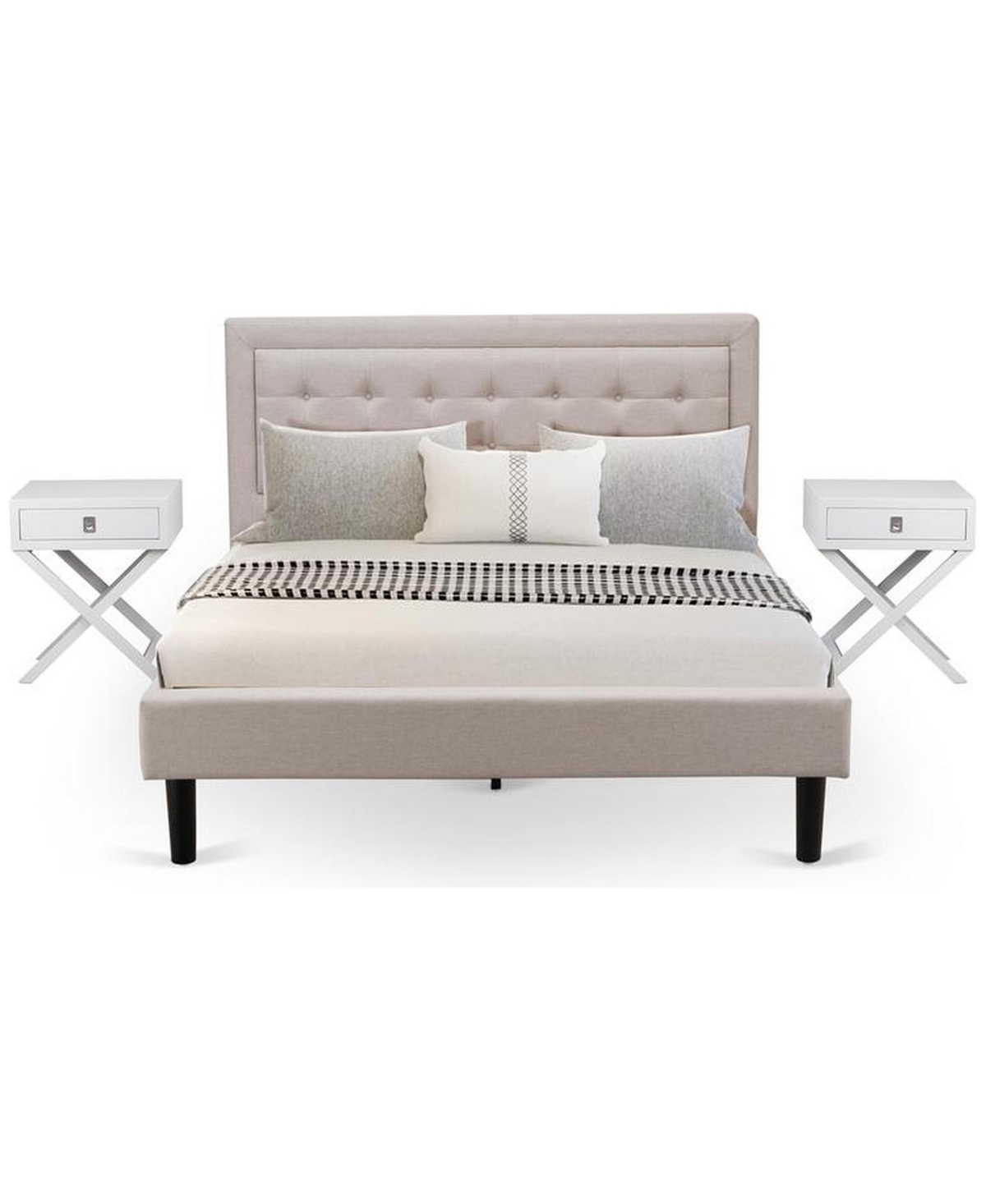 East West Furniture FN08Q-2HAE0 3-Piece Fannin Bedroom Furniture Set with 1 Modern Bed and 2 Mid Century Modern Nightstands - Mist beige