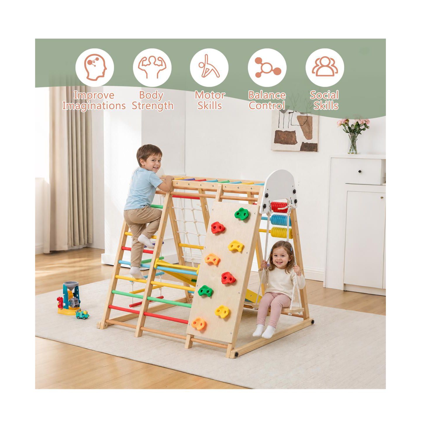 Детская игрушка YOBTOP 9-in-1 Foldable Wooden Climbing Frame with Slide, 176 lbs Capacity, Ages 3+, цвет: Натуральный — фото 6