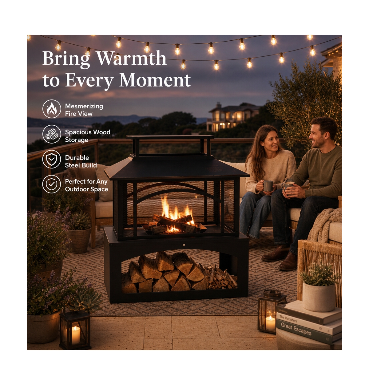 Aoxun 2-in-1 Outdoor Fire Pit Table with Hidden Log Storage, Steel Patio Heater for Backyard Porch