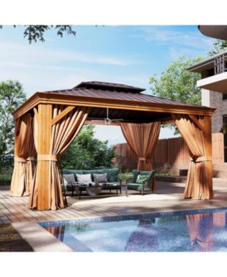 10'x12' Hardtop Aluminum Gazebo, Double Galvanized Steel Roof Pavilion with Drainage System and Netting