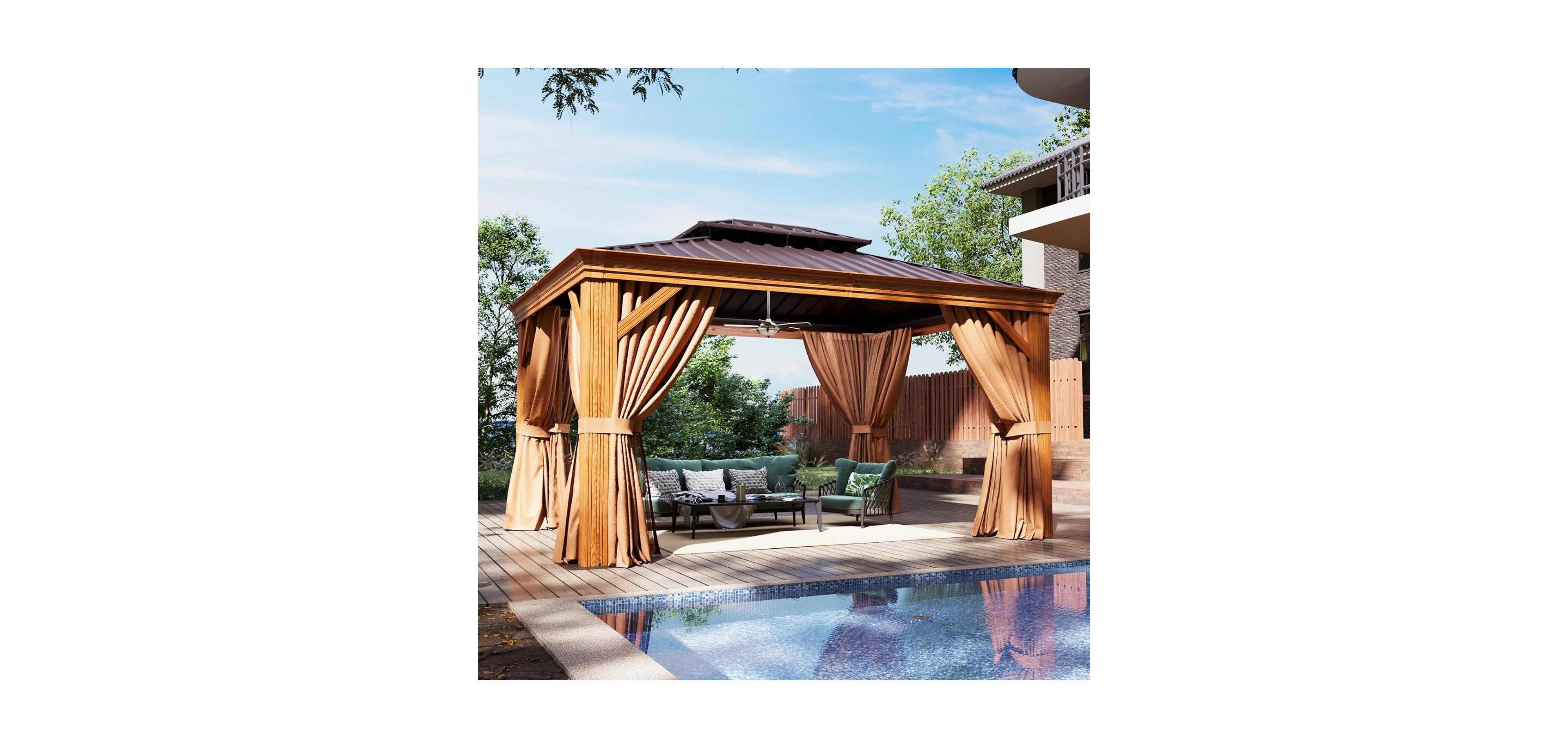 Aoxun 10'x12' Hardtop Aluminum Gazebo, Double Galvanized Steel Roof Pavilion with Drainage System and Netting