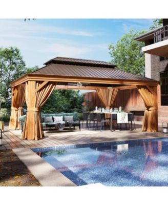12'x16' Hardtop Gazebo, Wooden Finish Aluminum Pavilion with Double Steel Roof, Curtains and Netting