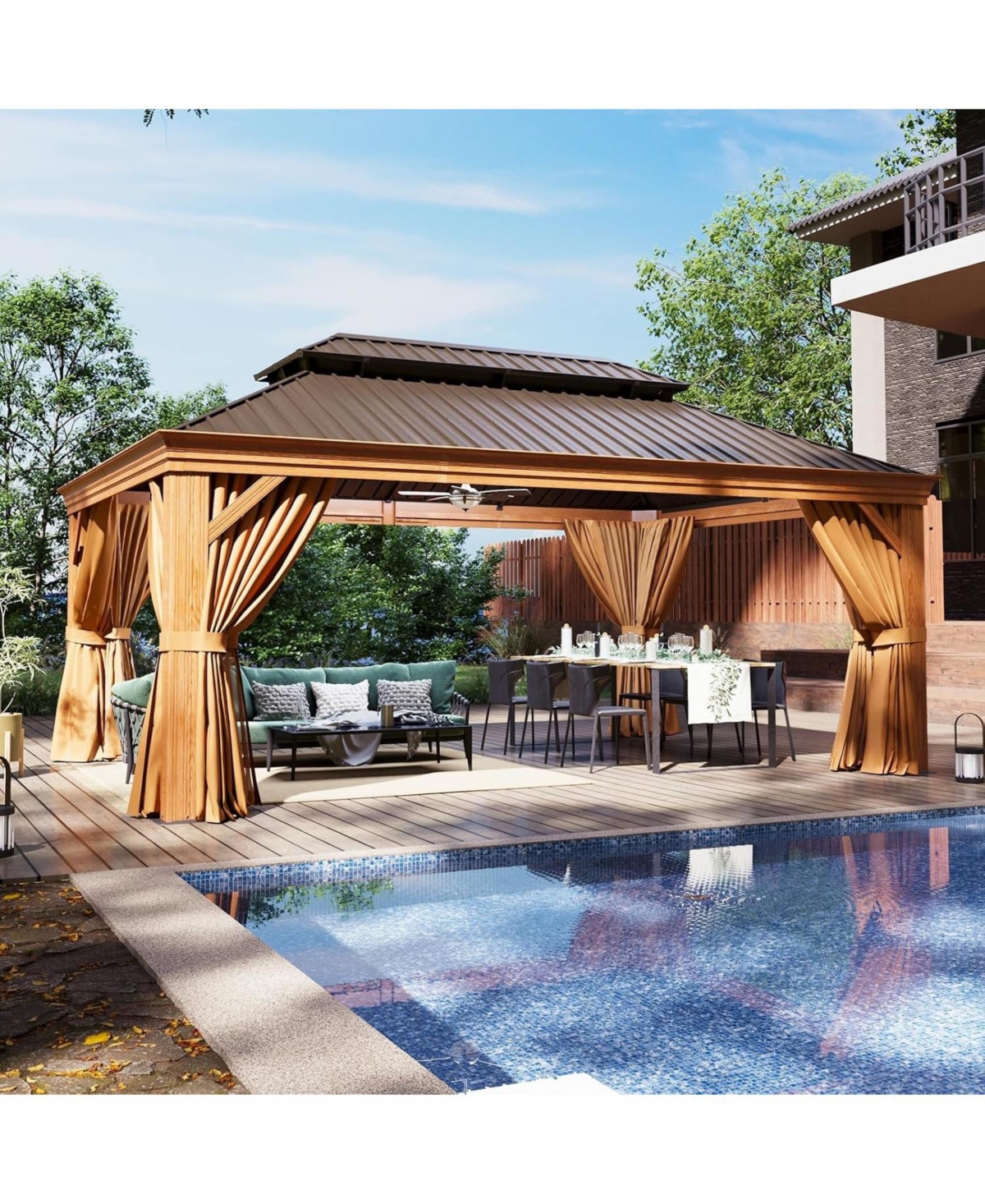 Aoxun 12'x16' Hardtop Gazebo, Wooden Finish Aluminum Pavilion with Double Steel Roof, Curtains and Netting