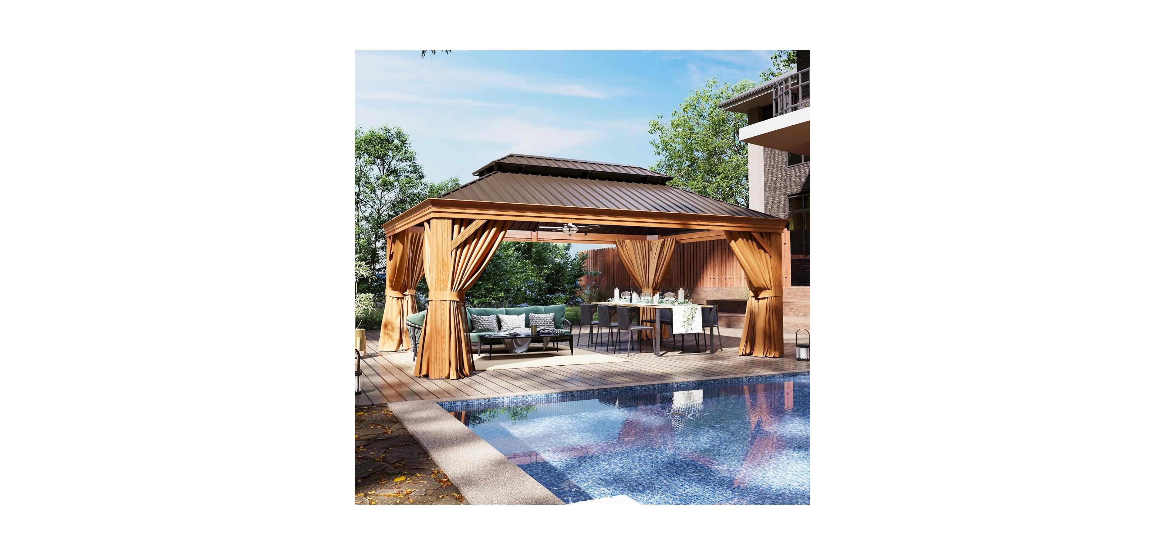 Aoxun 12'x16' Hardtop Gazebo, Wooden Finish Aluminum Pavilion with Double Steel Roof, Curtains and Netting
