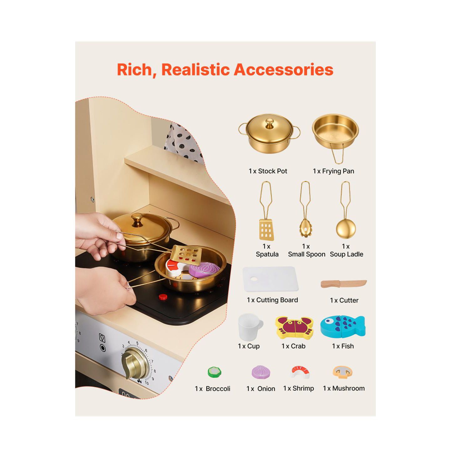 Детские игрушки YOBTOP Interactive Lights and Sounds Play Kitchen Set, Ages 3+, цвет: Бежевый — фото 4
