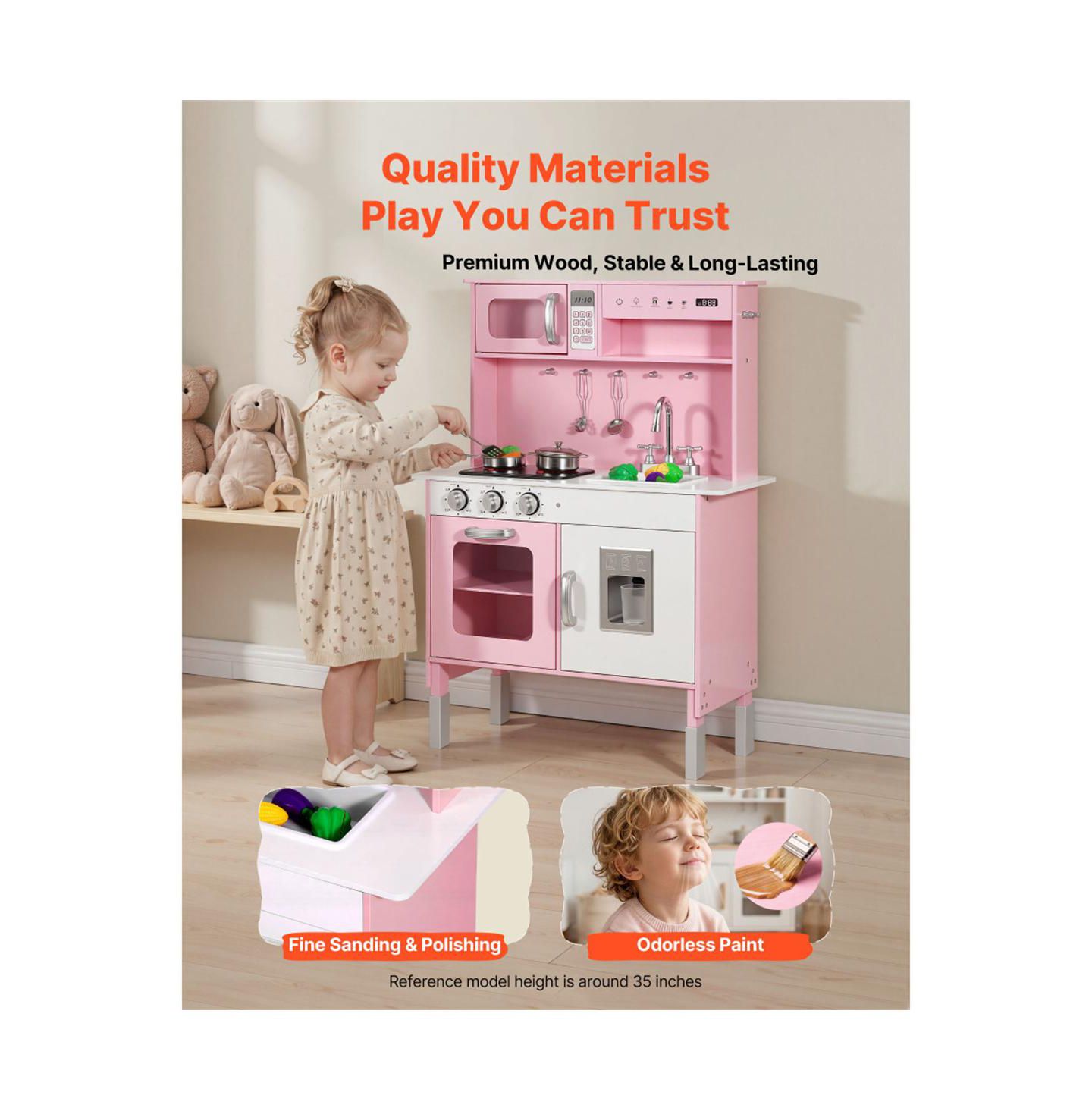 Детская игрушка YOBTOP Wooden Play Kitchen with Interactive Lights, Sounds & Accessories, Ages 3+, цвет: Розовый — фото 2