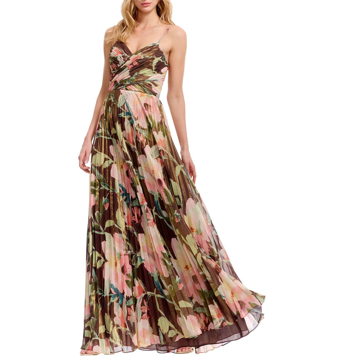 Женское платье Dress the Population Floral-Print Pleated A-line V-Neck Gown, цвет: Мокко разноцветный — фото 4