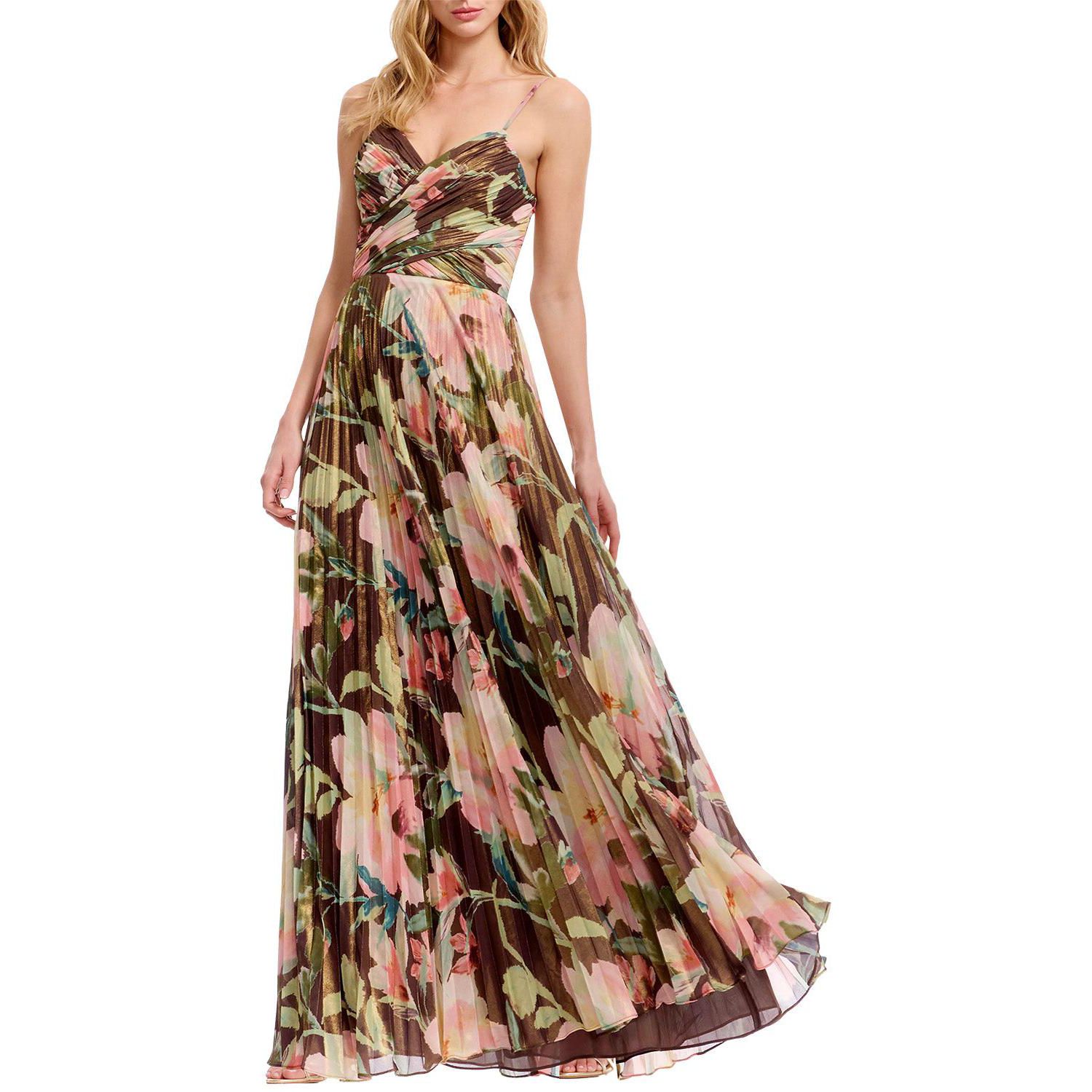Women's Floral Pleated V-Neck Gown