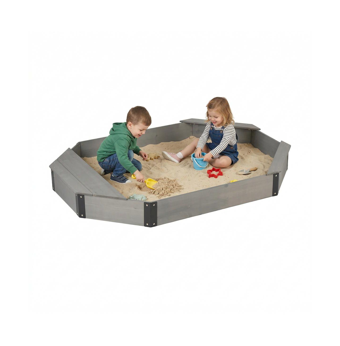 Детская игрушка YOBTOP Octagon Solid Wood Sandbox with Bench Seats and Storage, Includes Cover and Liner, Ages 3-8, цвет: Серый — фото 8