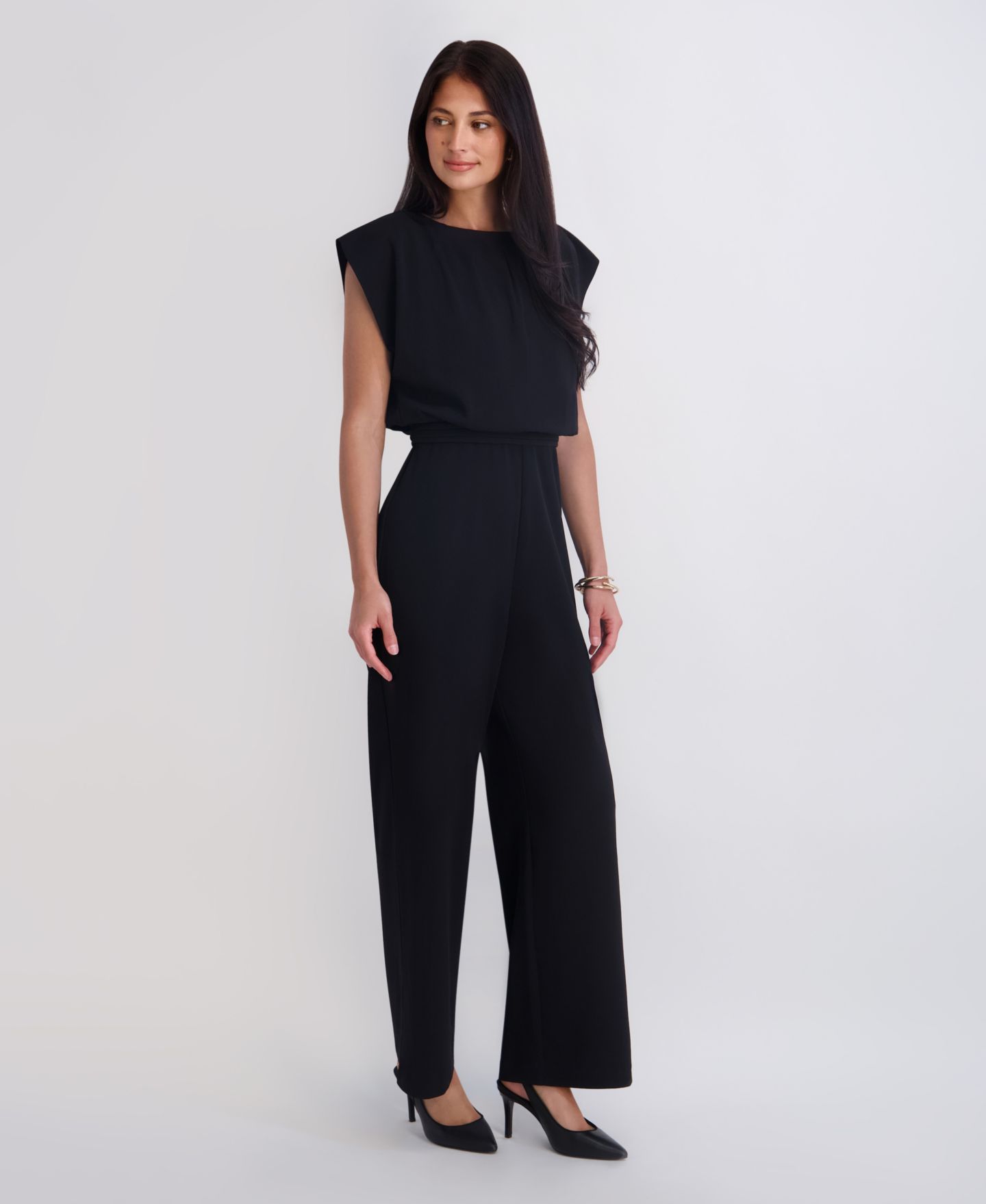 Женский комбинезон Kensie Crepe Scuba Wide-Leg Cap-Sleeve Business Casual Jumpsuit, цвет: Чёрный — фото 3