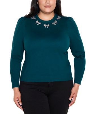 Plus Size  Puff Sleeve Embellished Neckline Sweater