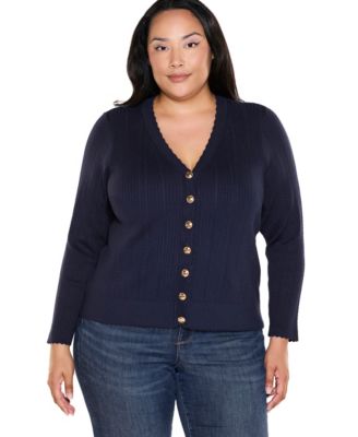 Plus Size Scalloped-Edge V-Neck Button-Front Cardigan Sweater