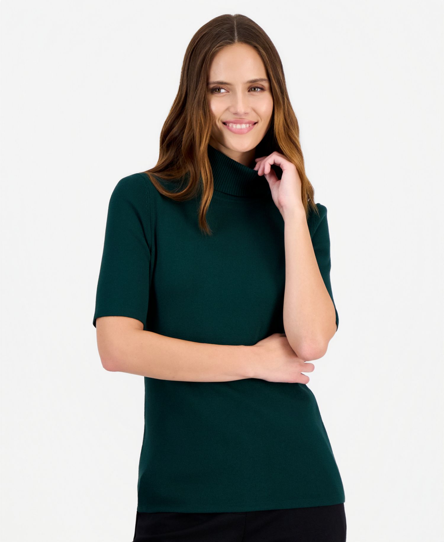 Women's Petite Half-Sleeve Ribbed-Knit Fitted Turtleneck Sweater