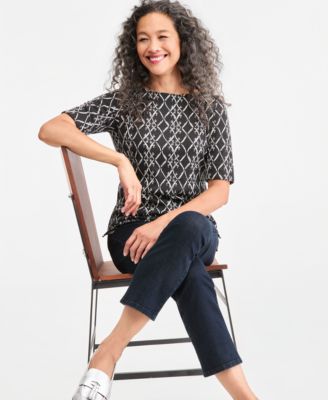 Printed Women's Boat-Neck Elbow-Sleeve Top
