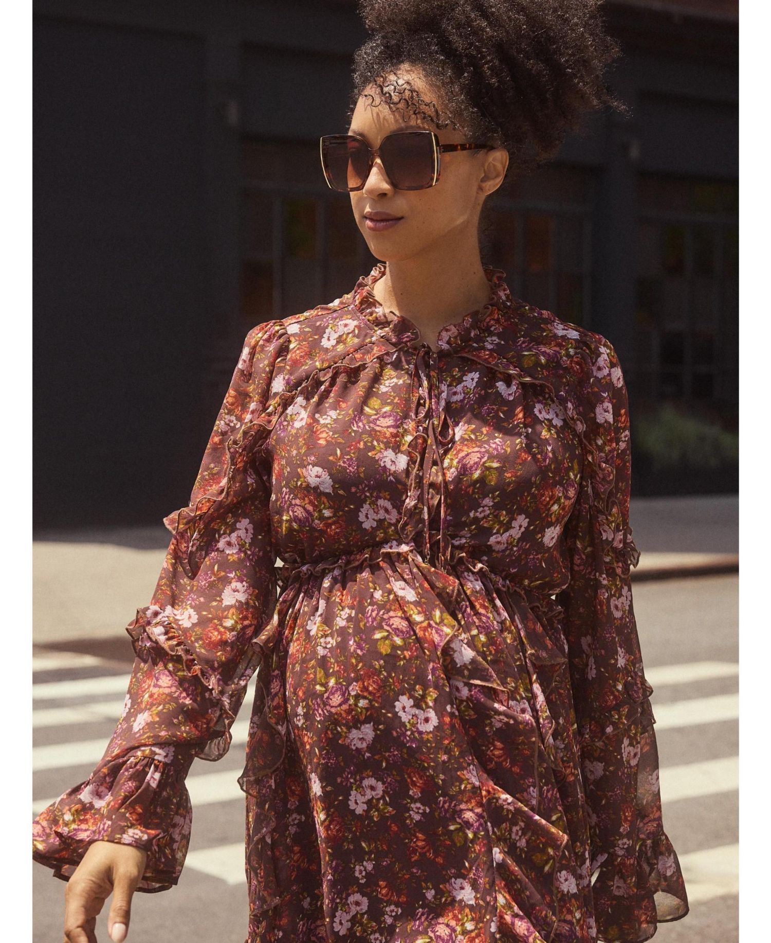 Maternity Empire-Waist Tiered-Ruffle Floral-Print Dress