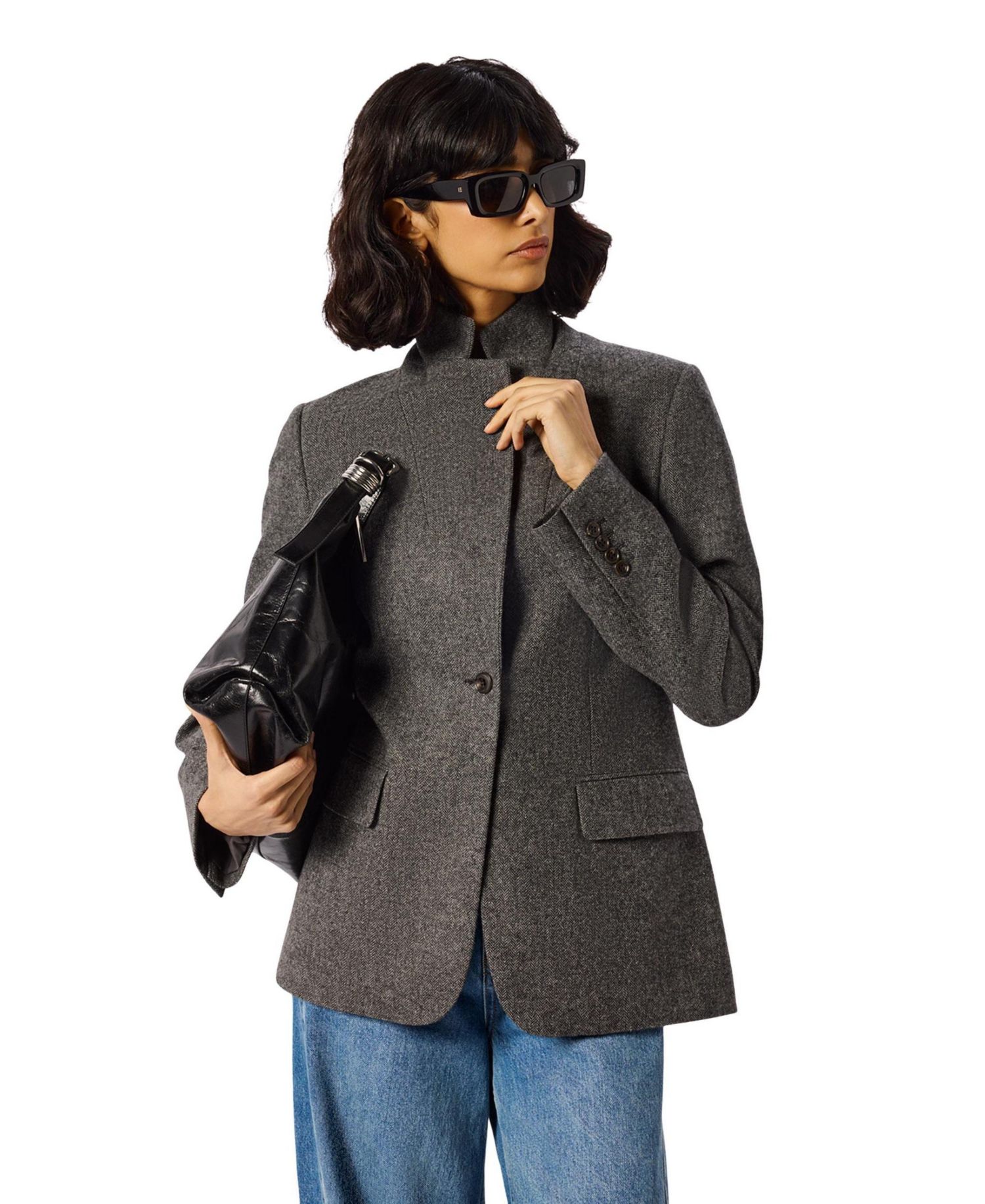 Women's Herringbone Mandarin-Collar Blazer