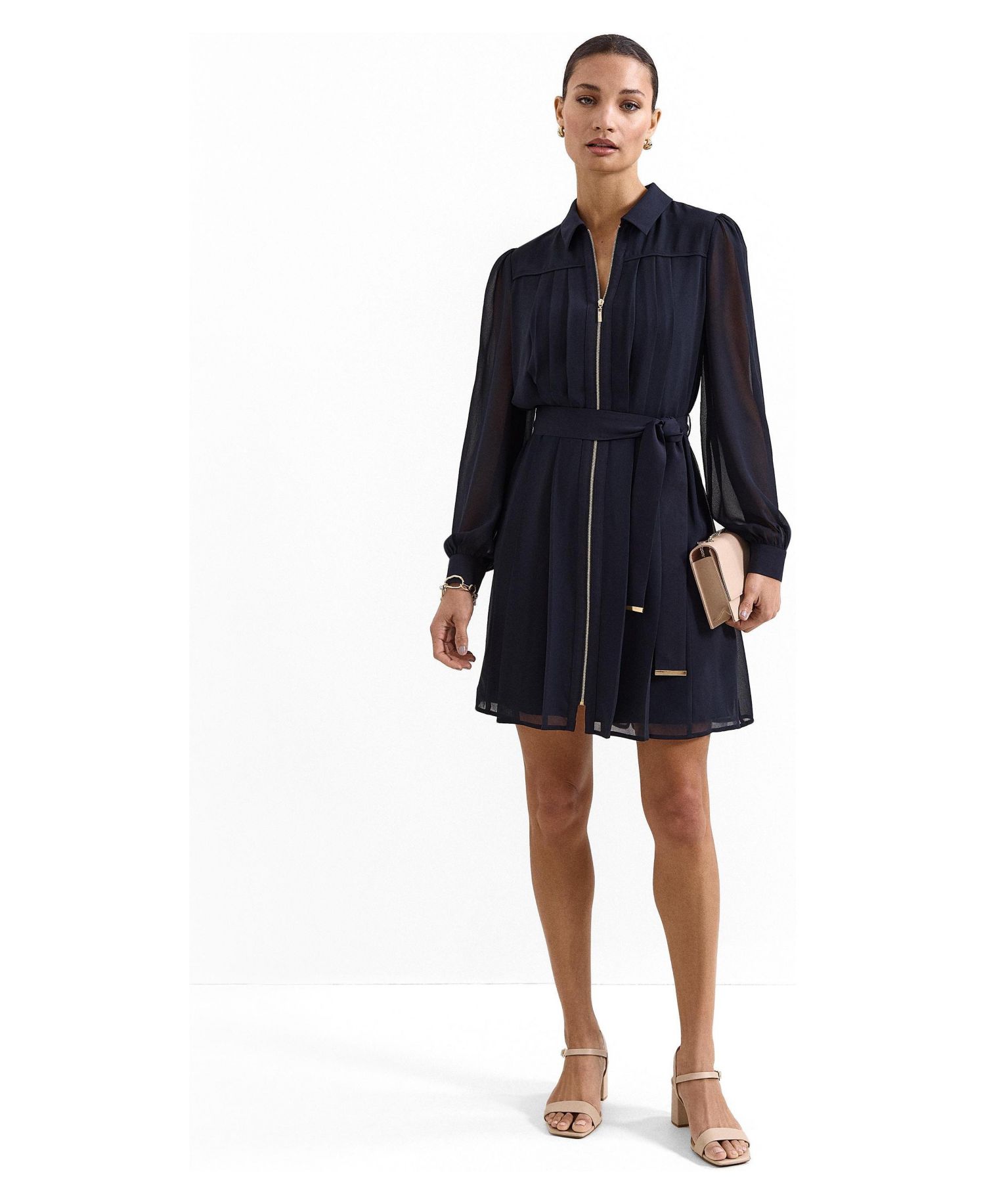 Women's Pleated Zip Long-Sleeve Mini Dress