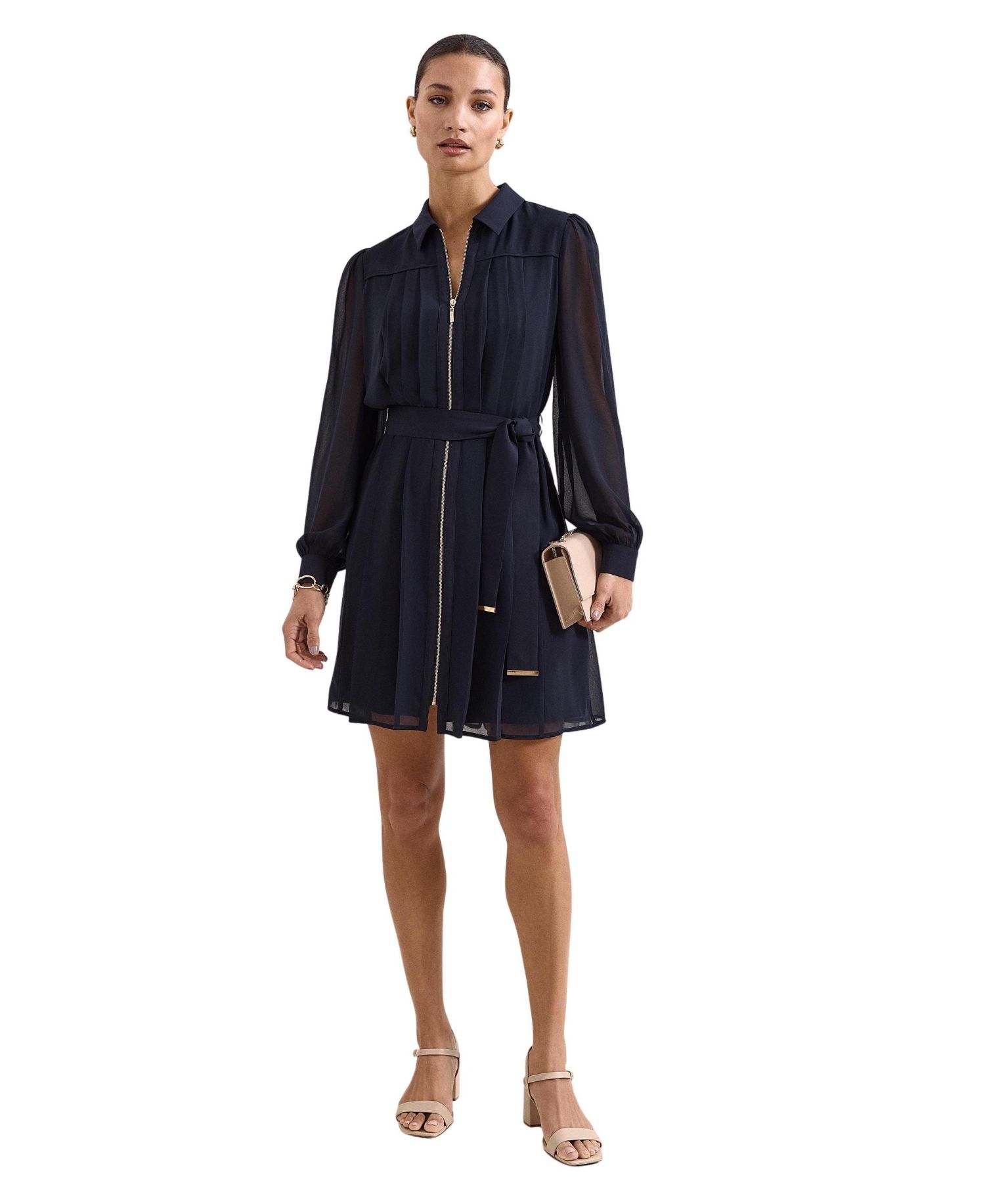 Women's Pleated Zip Long-Sleeve Mini Dress