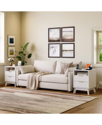 Set of 2 Modern 2 Drawer Wave Fluted Nightstands, Bedside Tables with Charging Station