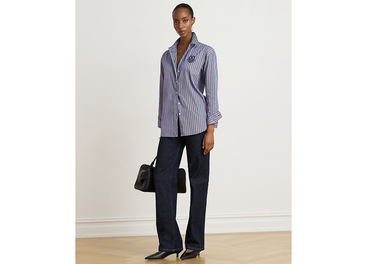 Petite Striped Point-Collar Relaxed-Fit Button-Down Shirt