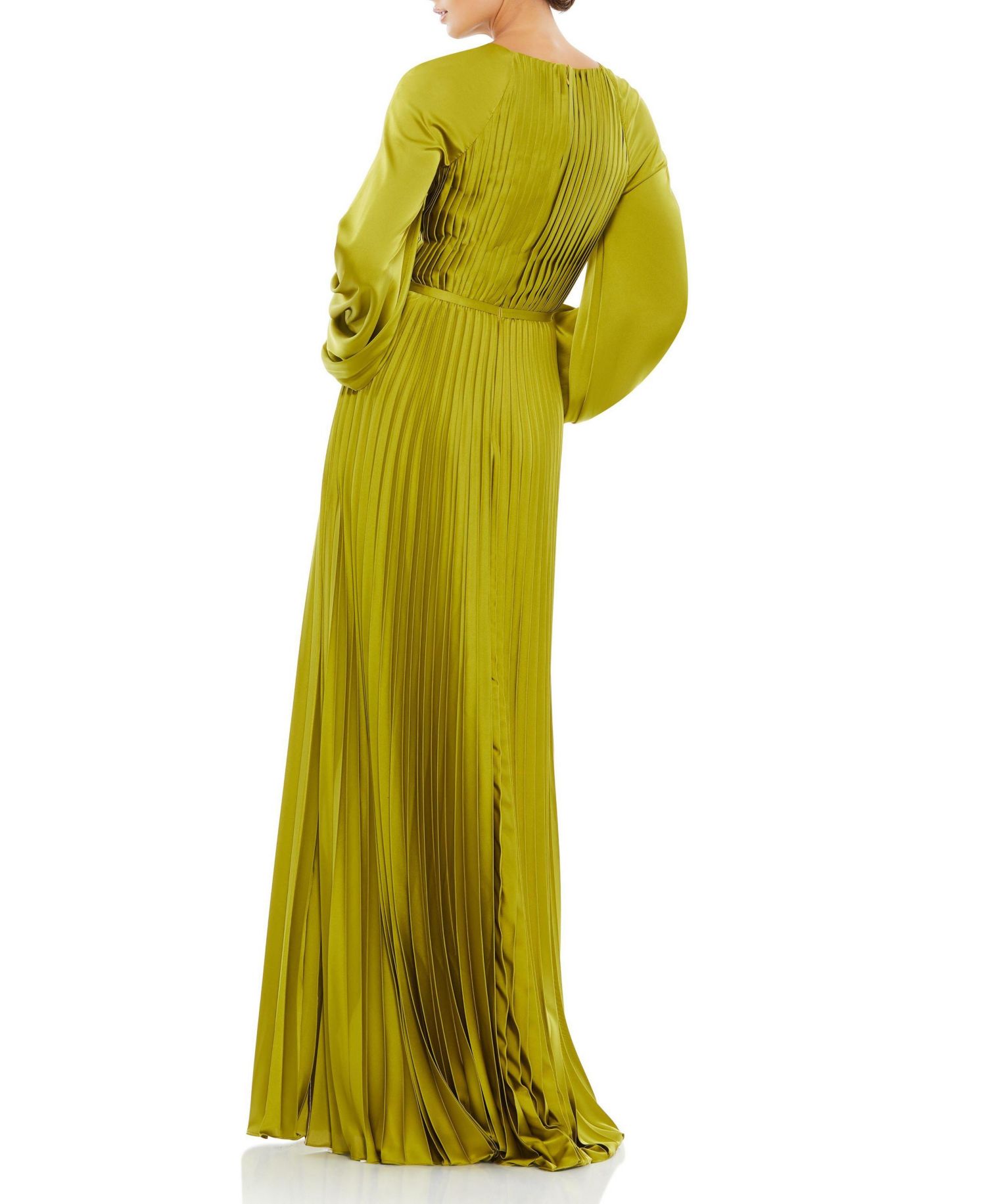 Women's Pleated High Neck Raglan Long Sleeve Side Slit Gown
