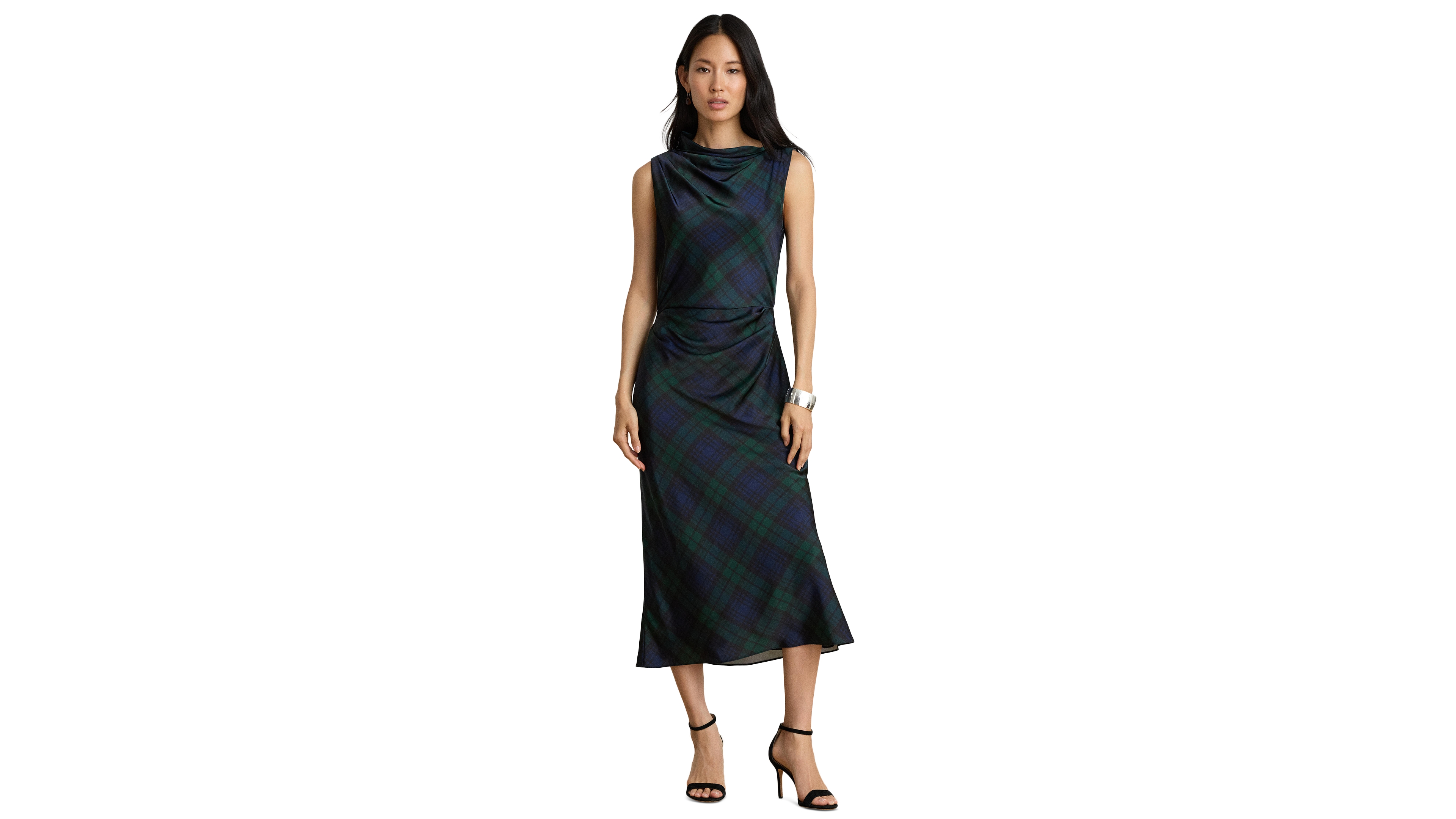 Lauren Ralph Women's Satin Cowl Neck Plaid Midi Dress