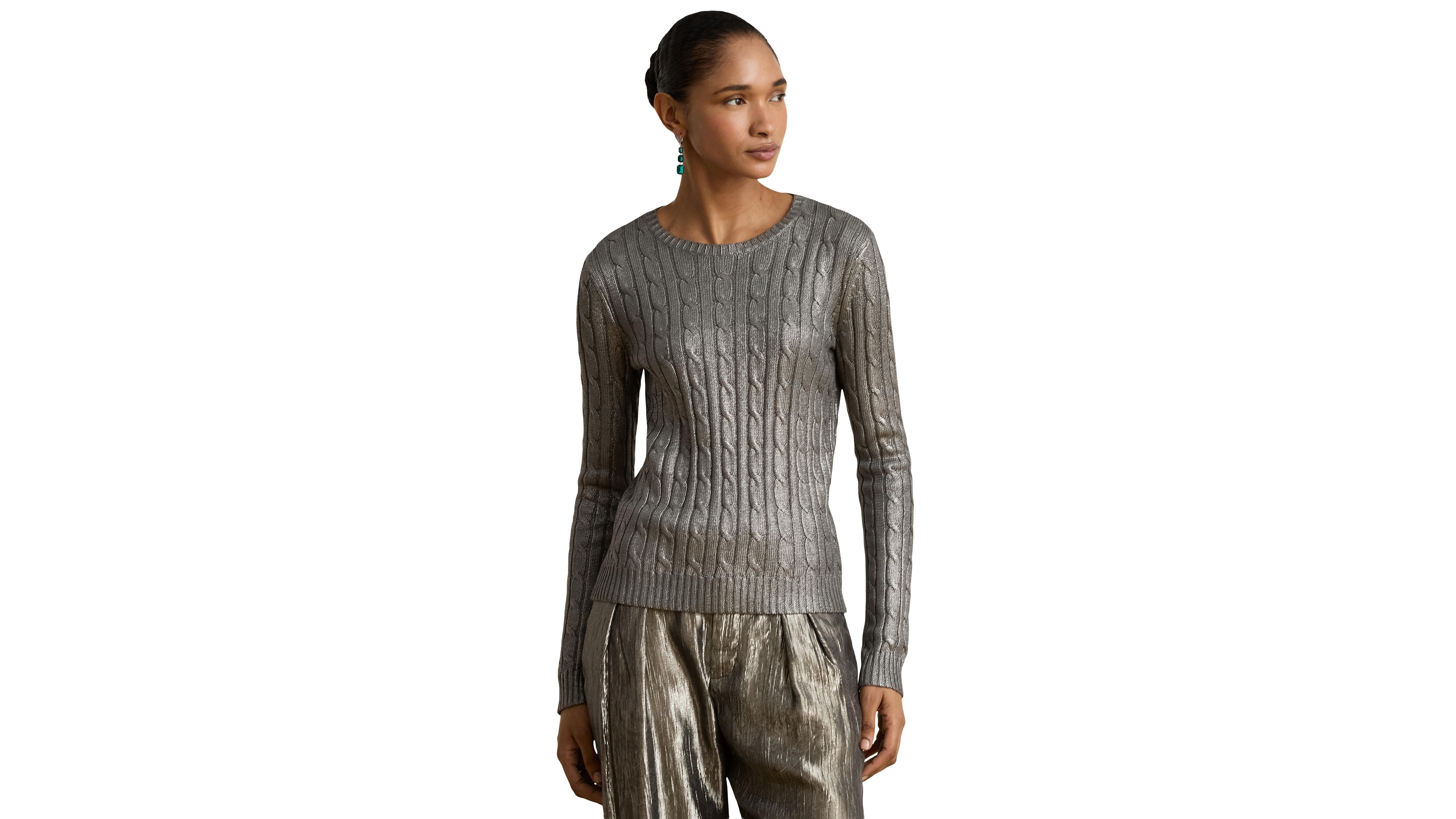 Lauren Ralph Women's Metallic Cable-Knit Slim-Fit Sweater