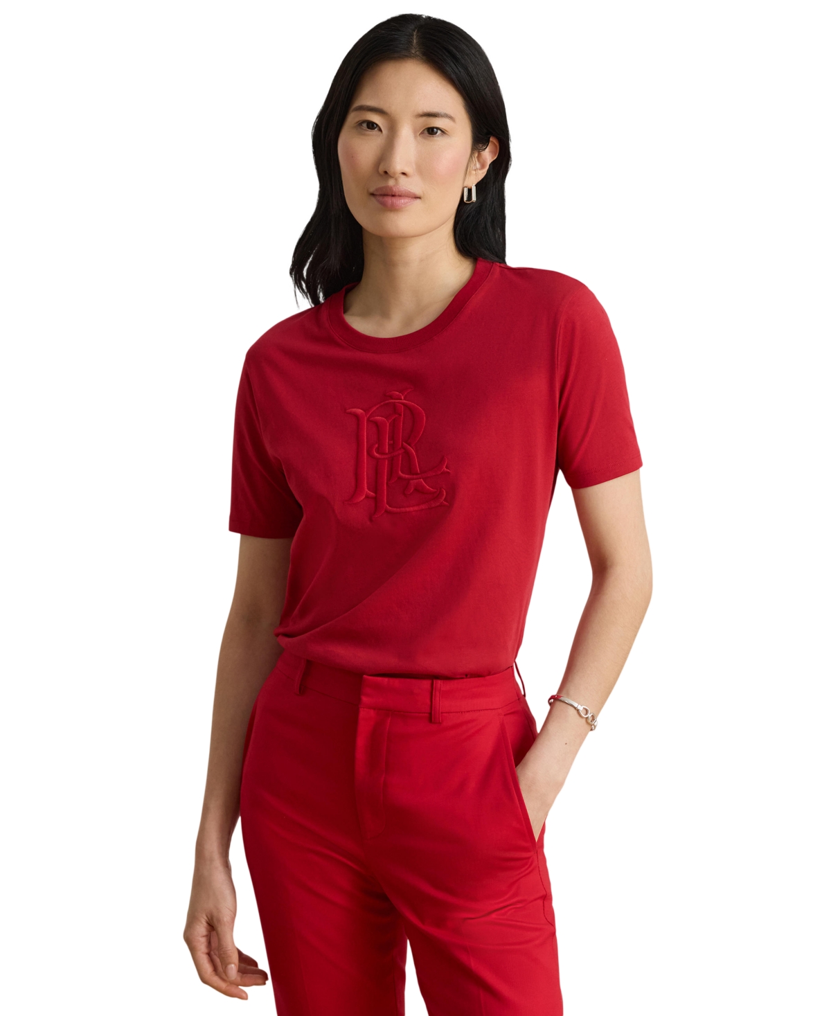Lauren Ralph Lauren Women's Embroidered-Logo Crewneck T-Shirt - Ralph Red