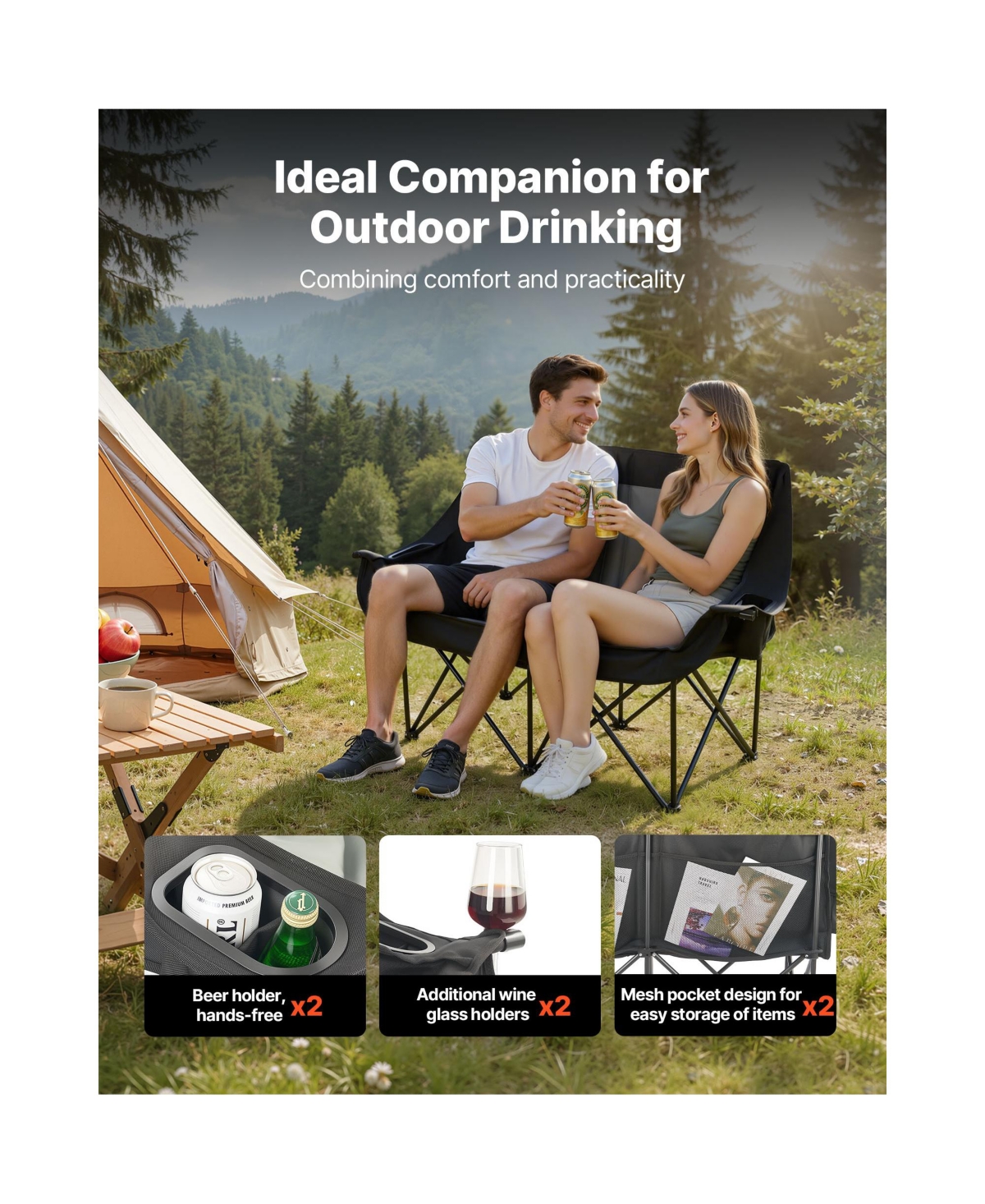 Sugift Oversized 2-Person Double Camping Chair 660 Lbs Capacity with Dual Cup and Wine Glass Holders