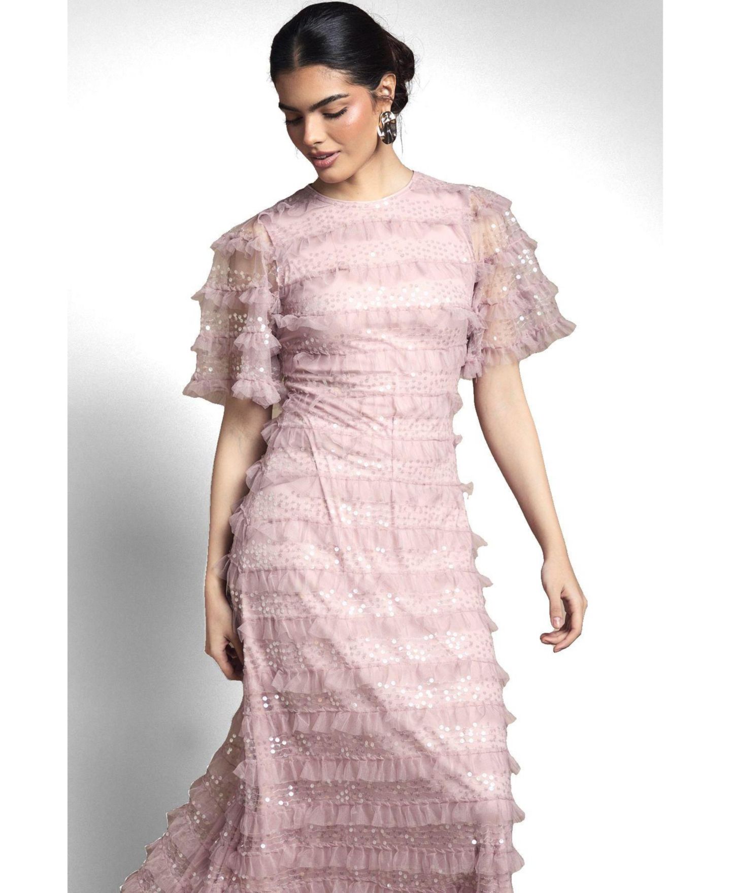 Женское платье Oasis Sequin Ruffle-Detail Short-Sleeve Maxi, цвет: Розовый — фото 2