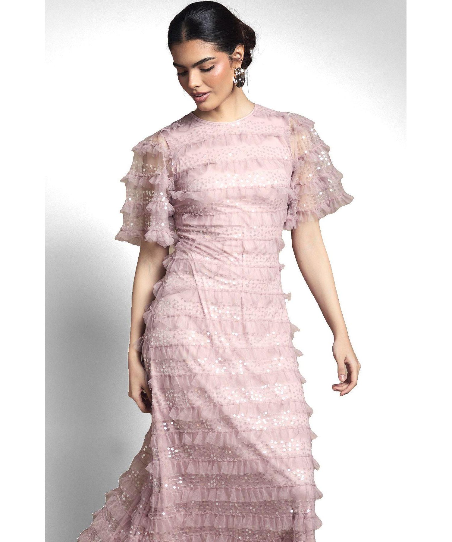 Women's Sequin Ruffle-Detail Short-Sleeve Maxi Dress