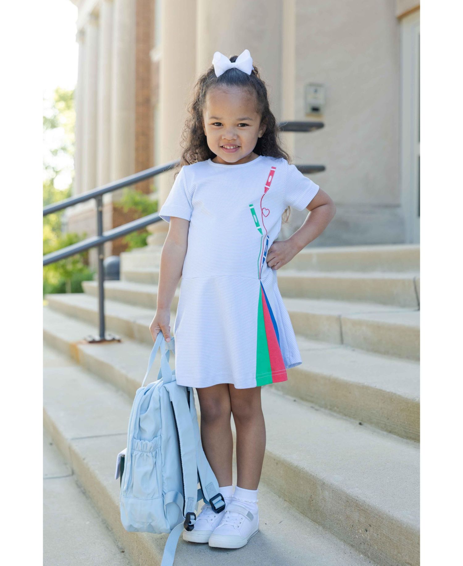 Girl's (2T - 8) Stripe Knit Dress With Applique Crayons