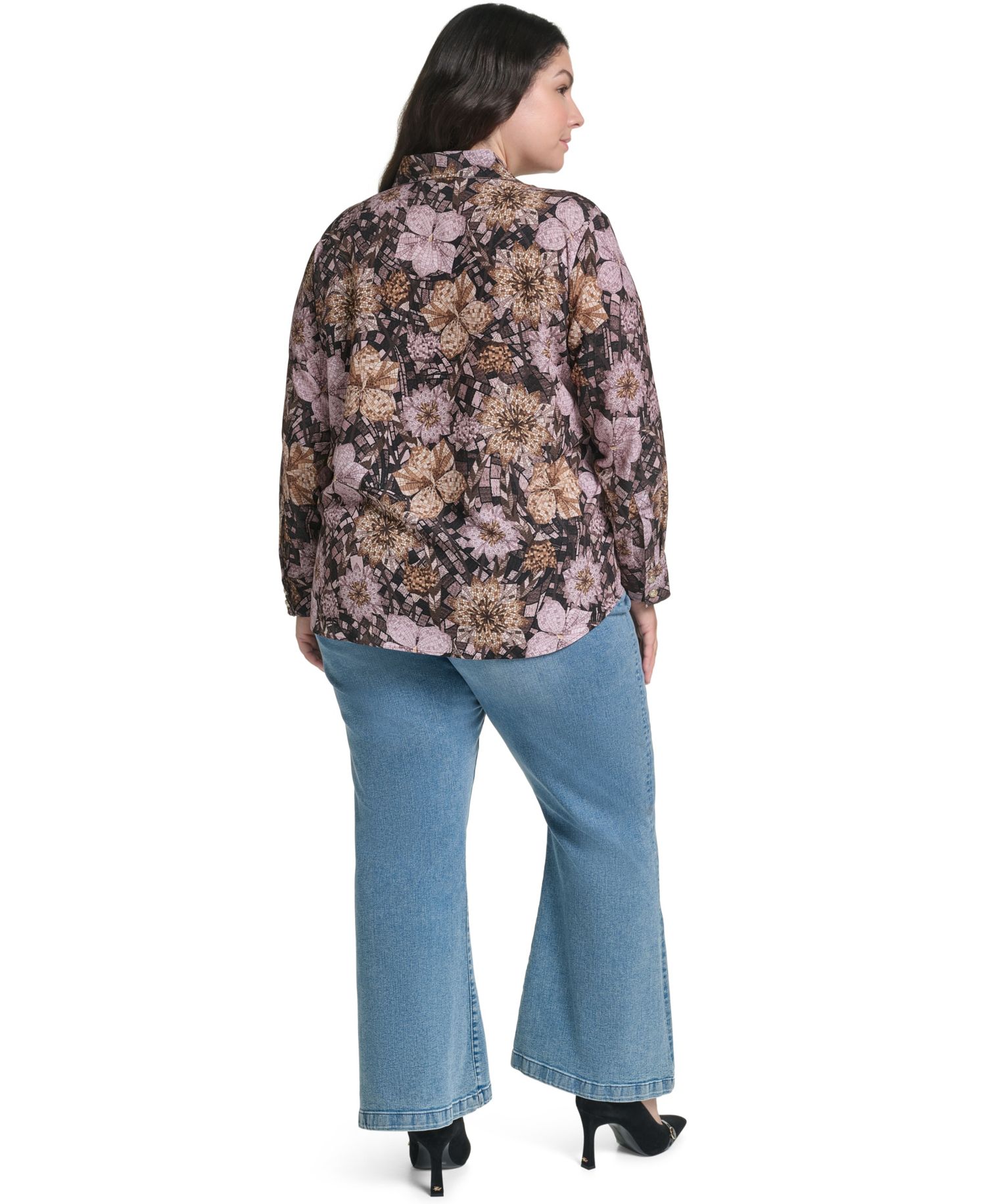 Plus Size Geo Floral Long-Sleeve Button-Up Woven Blouse