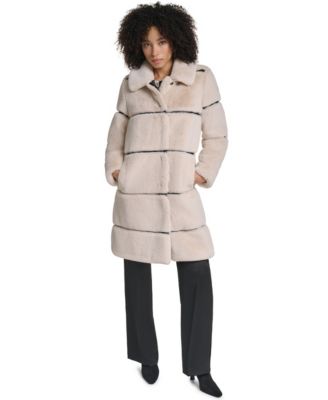 Women's Faux-Leather Trim Faux-Fur Coat
