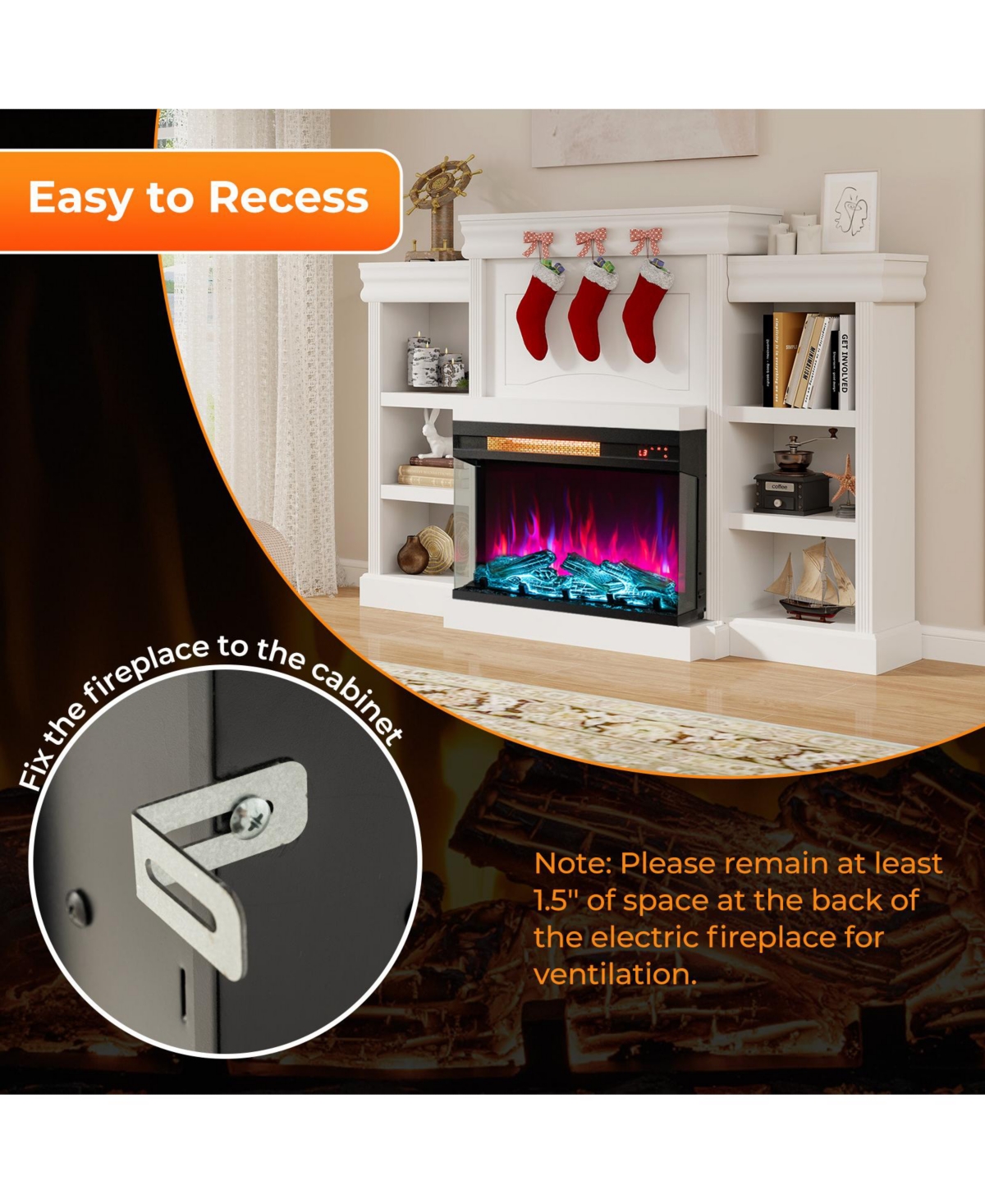Ecooso 3-Sided Electric Fireplace 1500W Recessed Fireplace Insert