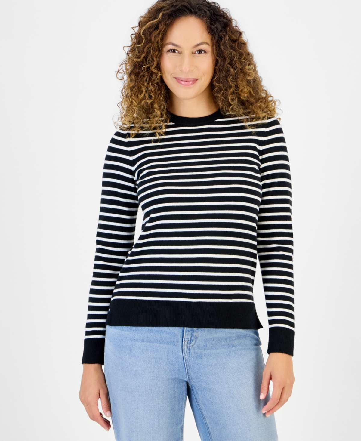 Style & Co Petite Simple Stripe Crewneck Pullover Sweater, Macy's Exclusive