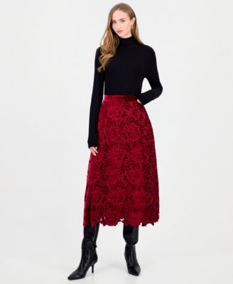 Women's The Elliana Velvet Lace High-Waisted Floral-Print Midi Skirt